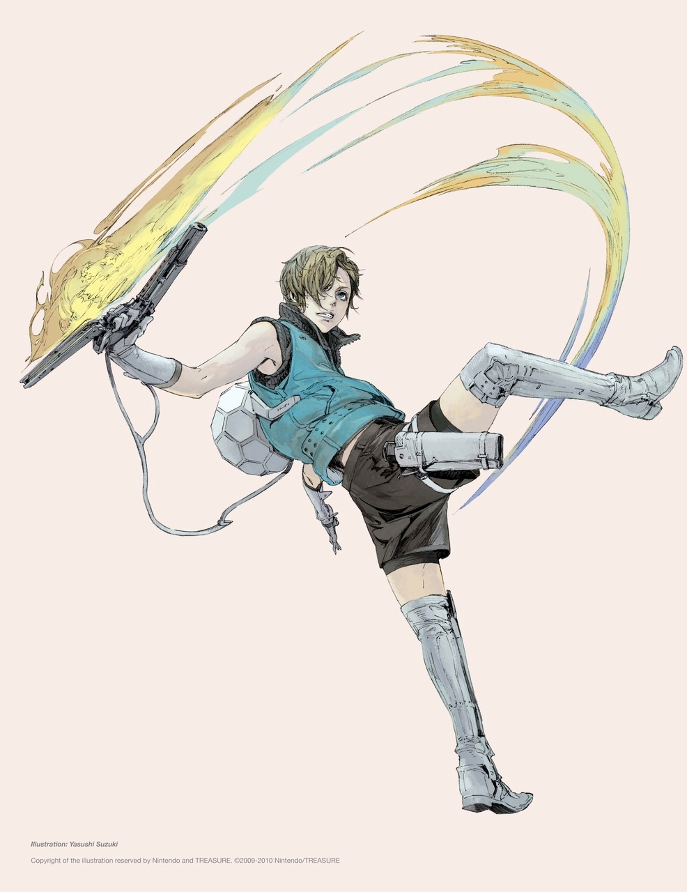 1boy amamiya_isa blonde_hair blue_eyes boots energy_sword full_body gloves gun highres jacket male_focus official_art scabbard sheath short_hair shorts simple_background sin_and_punishment solo suzuki_yasushi sword treasure_(developer) tsumi_to_batsu:_sora_no_koukeisha weapon