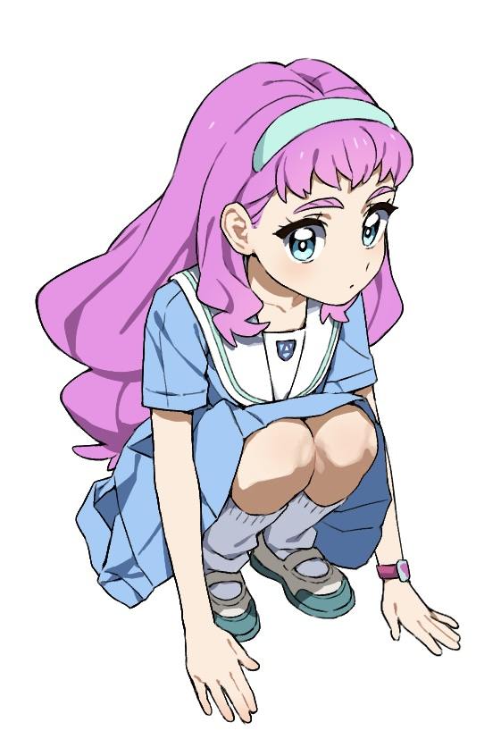 1girl aqua_eyes blue_serafuku closed_mouth expressionless full_body hairband hiji_rida kneehighs laura_la_mer long_hair looking_at_viewer pink_hair pleated_skirt precure sailor_collar school_uniform serafuku shirt shoes short_bangs short_sleeves simple_background skirt socks solo squatting thick_eyebrows tropical-rouge!_precure uwabaki wavy_hair white_background white_sailor_collar