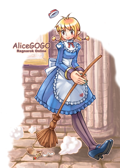 1girl 2000s_(style) adapted_costume alice_(ragnarok_online) alice_(ragnarok_online)_(cosplay) apple apple_core apron bad_id biretta blonde_hair blue_dress blue_shoes blush braid brick_wall broom closed_mouth commentary_request cosplay dated_commentary dress dust_cloud food frilled_apron frilled_dress frills fruit full_body grey_pantyhose hat_loss heart holding holding_broom juliet_sleeves korean_commentary long_sleeves looking_at_viewer maid monster_gogo official_art pantyhose paper pointy_ears priest_(ragnarok_online) puffy_sleeves ragnarok_online shoes short_hair simple_background smile solo twin_braids waist_apron white_apron
