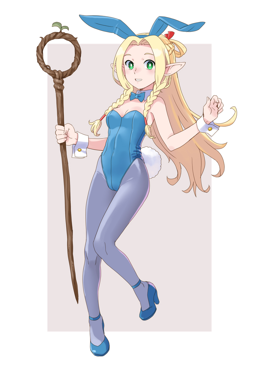 1girl animal_ears blonde_hair blue_bow blue_bowtie blue_footwear blue_leotard bow bowtie braid cosplay detached_collar dragon_quest dragon_quest_iii dungeon_meshi elf fake_animal_ears full_body gadabout_(dq3)_(cosplay) grey_pantyhose high_heels highres gadabout_(dq3) katahira_masashi leotard long_hair marcille_donato pantyhose playboy_bunny pointy_ears rabbit_ears rabbit_tail sidelocks solo staff strapless strapless_leotard tail twin_braids wrist_cuffs