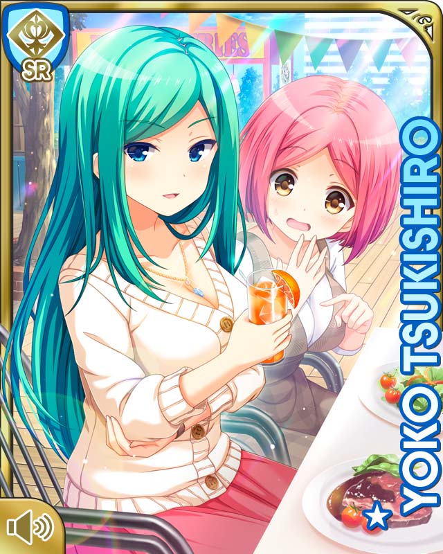 2girls :o blue_eyes blush breasts card_(medium) day dress female_focus girlfriend_(kari) green_hair long_hair multiple_girls official_art open_mouth outdoors pink_dress qp:flapper shirt sitting smile sweater tachibana_kyouko_(girlfriend_(kari)) tagme tsukishiro_youko white_shirt white_sweater