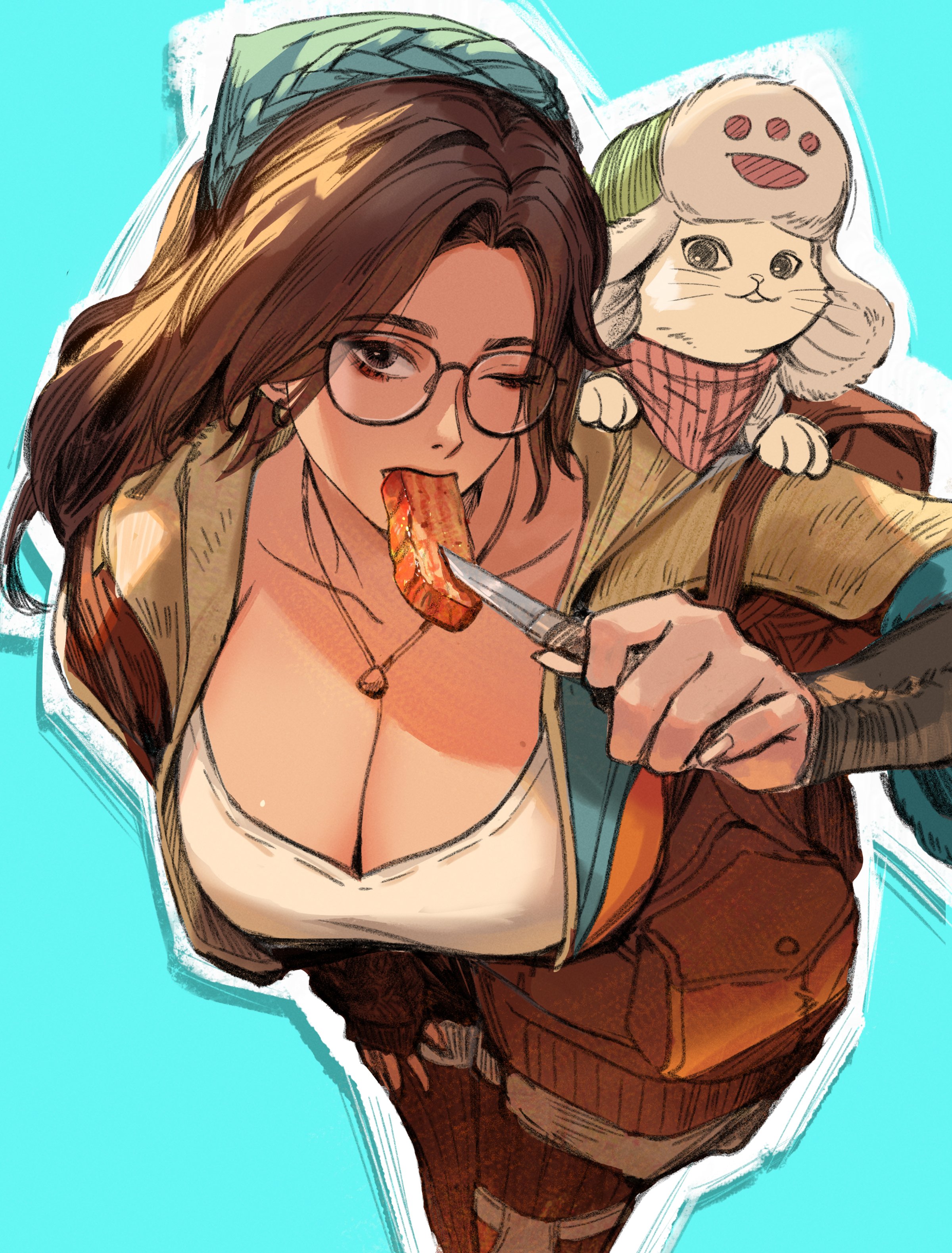 1girl absurdres alma_(monster_hunter_wilds) aqua_bandana breasts brown_hair chaosringen cleavage eating felyne food glasses highres jewelry knife large_breasts leaning_forward looking_at_viewer meat monster_hunter_(series) monster_hunter_wilds necklace one_eye_closed simple_background standing
