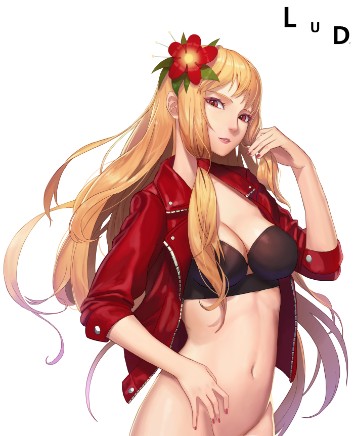 1girl artist_name bad_id bad_pixiv_id blonde_hair breasts character_request cleavage commentary_request commission dungeon_and_fighter female_focus flower groin hair_flower hair_ornament jacket long_hair looking_at_viewer lud medium_breasts navel parted_lips red_eyes red_jacket simple_background solo stomach very_long_hair white_background