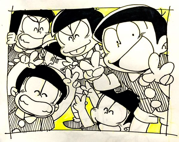 6+boys bad_id bad_twitter_id brothers child closed_eyes double_v male_focus matching_outfits matsuno_choromatsu matsuno_ichimatsu matsuno_jyushimatsu matsuno_karamatsu matsuno_osomatsu matsuno_todomatsu multiple_boys osomatsu-kun osomatsu_(series) partially_colored retro_artstyle sameyama_jiro sextuplets shorts siblings smile v wing_collar