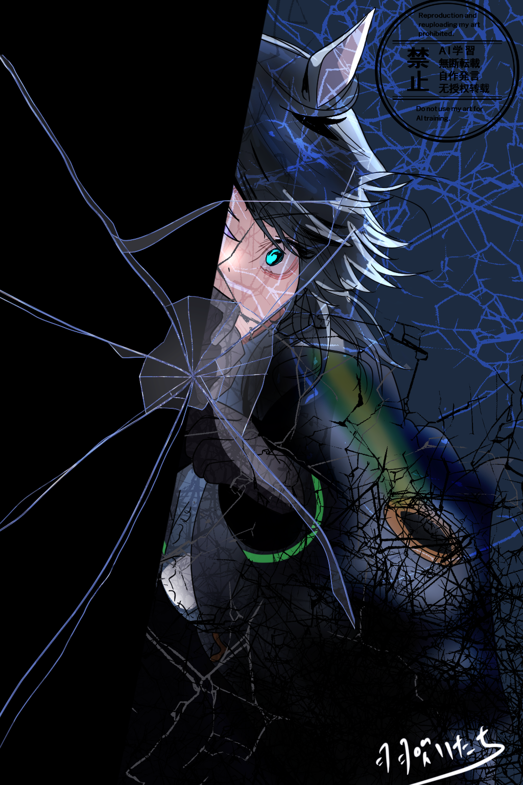 1girl ahoge animal_ears belt belt_buckle wallet_chain blue_background blue_gloves blue_hair blue_jacket blue_necktie blue_pants breasts breasts_apart broken_mirror brown_belt buckle center_frills collared_shirt commentary_request curtained_hair ear_ornament frills fuji_kiseki_(umamusume) gloves green_eyes hanefuki_itachi highres horse_ears horse_girl horse_tail jacket large_breasts long_sleeves looking_at_viewer mirror multicolored_hair necktie pants parted_bangs partially_unbuttoned shards shirt signature solo standing streaked_hair tail two-tone_hair umamusume white_hair white_shirt