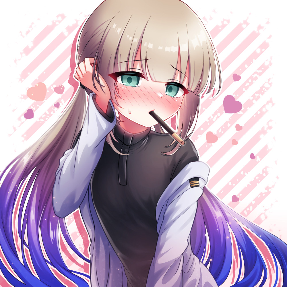 1boy black_undershirt blunt_bangs blush captain_nemo_(fate) captain_nemo_(first_ascension)_(fate) choppy_bangs embarrassed fate/grand_order fate_(series) food heart jacket light_brown_hair long_hair long_sleeves low_twintails male_focus mouth_hold nemo_(fate) pocky pocky_kiss shared_food shell_ocean solo trap tucking_hair twintails white_jacket
