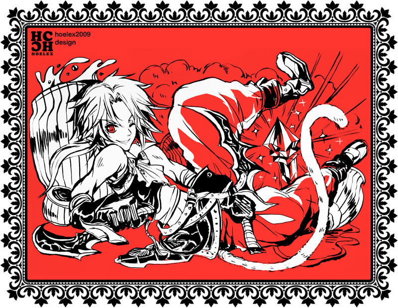 00s 1boy barrel boots crystal dagger dissidia_final_fantasy dual_wielding final_fantasy final_fantasy_ix gloves hoelex holding knife male_focus monochrome one_eye_closed ponytail red_theme smile solo tail weapon wink zidane_tribal