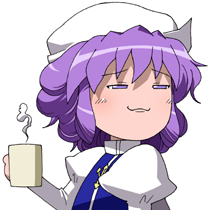 1girl :3 bad_source blue_vest commentary_request cup furrowed_brow hat holding holding_cup juliet_sleeves lapel_pin letty_whiterock long_sleeves lowres maso_(ascii_art) mug no_nose puffy_sleeves purple_eyes purple_hair short_hair solo steam touhou upper_body vest white_hat yukkuri_shiteitte_ne