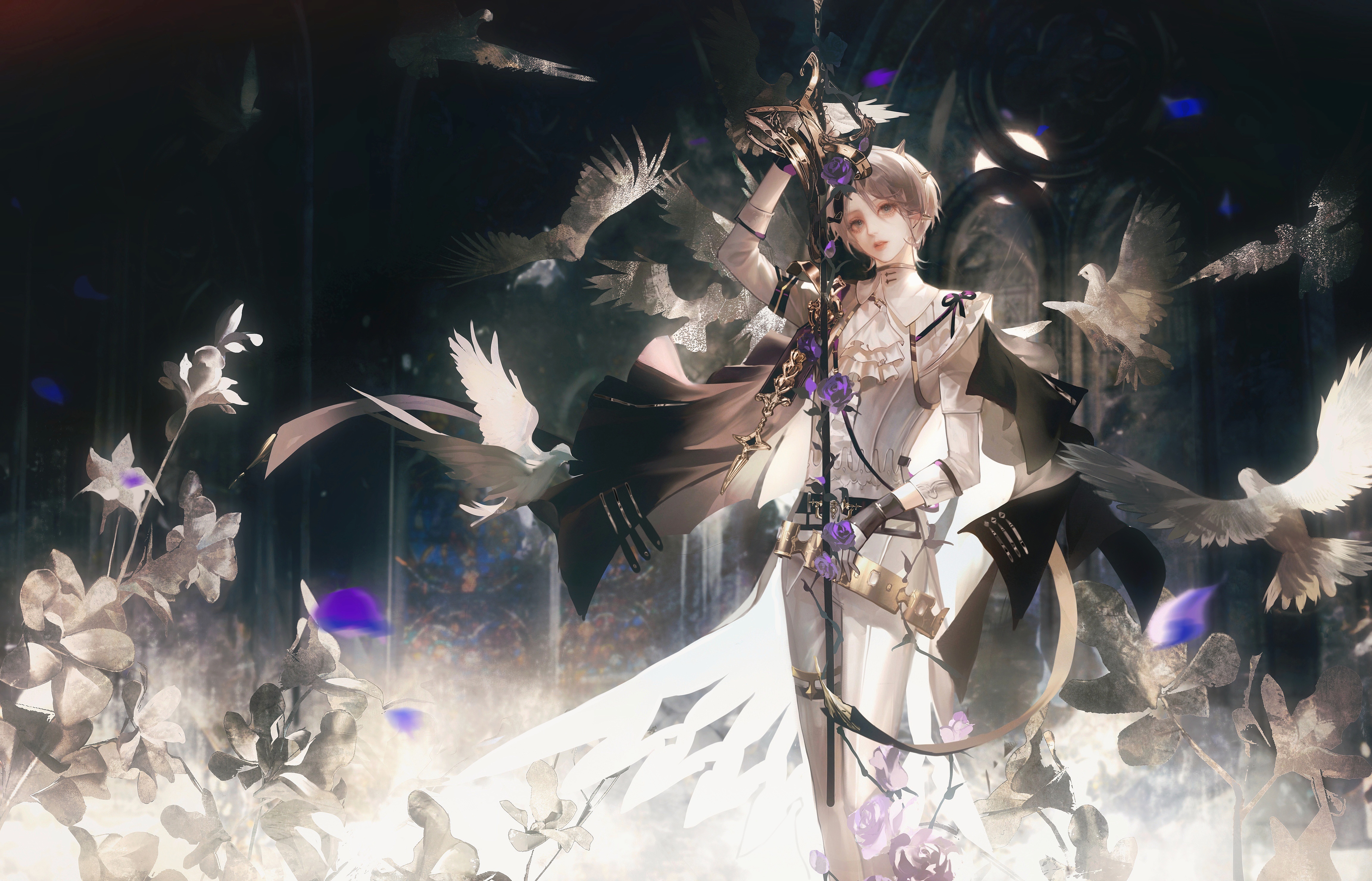 1boy absurdres arm_belt ascot belt bird black_belt black_coat black_gloves blazer blue_eyes capelet character_request check_character chinese_commentary coat coat_on_shoulders collar commentary_request demian_(welcome_to_dreamland) detached_collar dove dress_pants expressionless feet_out_of_frame floating_clothes flower formal_clothes frilled_ascot frills gloves grey_hair hair_between_eyes high_collar highres holding holding_staff indoors jacket jiaopiupiu lips long_sleeves male_focus multiple_belts pants parted_lips petals purple_flower purple_ribbon purple_rose red_lips ribbon rose rose_petals short_hair sleeve_cuffs solo staff teeth thick_eyebrows thigh_belt thigh_strap thorns upper_teeth_only welcome_to_dreamland white_ascot white_capelet white_collar white_jacket white_pants window