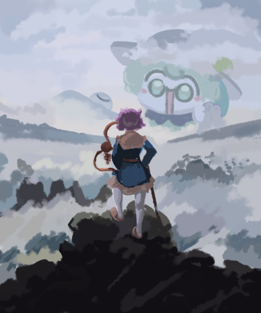 2girls black_headwear blue_shirt cane cloud fine_art_parody from_behind full_body german_commentary green_eyes green_hair highres holding komeiji_koishi komeiji_satori long_sleeves mountain mountainous_horizon multiple_girls numenoko open_mouth outdoors parody pink_hair pink_skirt pink_slippers scenery shirt short_hair skirt sky slippers standing tan_tan_pou third_eye touhou wanderer_above_the_sea_of_fog white_legwear wide_shot