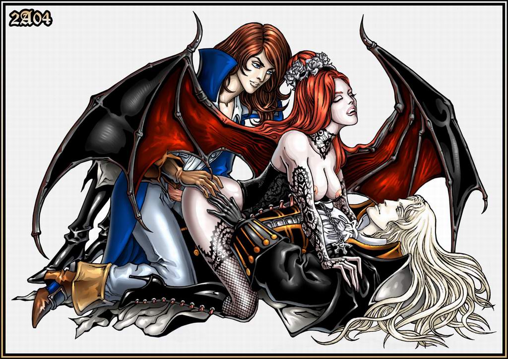 1girl 2boys alucard alucard_(castlevania) anal androgynous bat_wings bent_over blue_eyes boots breasts bridal_gauntlets brown_hair candra cape castlevania:_symphony_of_the_night castlevania_(series) choker closed_eyes clothed_sex coat corset cowgirl_position demon_girl dhampir double_penetration fishnet_thighhighs fishnets flower girl_on_top group_sex hair_flower hair_ornament half-human high_heel_boots high_heels knee_boots lace lips lipstick long_hair lying makeup mmf_threesome multiple_boys multiple_penetration nipples no_bra on_back pale_skin red_hair richter_belmont sex shoes solo_focus straddling succubus_(castlevania) thighhighs threesome trench_coat undead vaginal vampire white_hair wings