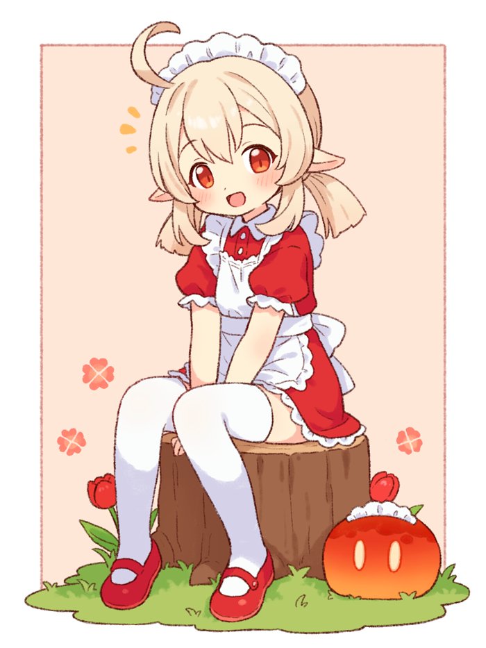 1girl :d ahoge alternate_costume apron blonde_hair blush border commentary_request dress enmaided flower frilled_apron frilled_hairband frills full_body genshin_impact hair_between_eyes hairband klee_(genshin_impact) long_hair looking_at_viewer maid maid_headdress mary_janes notice_lines onyhakase open_mouth pointy_ears pyro_slime_(genshin_impact) red_background red_dress red_eyes red_flower red_shoes shoes sitting on_tree_stump slime_(genshin_impact) smile solo thighhighs white_apron white_border white_hairband white_thighhighs