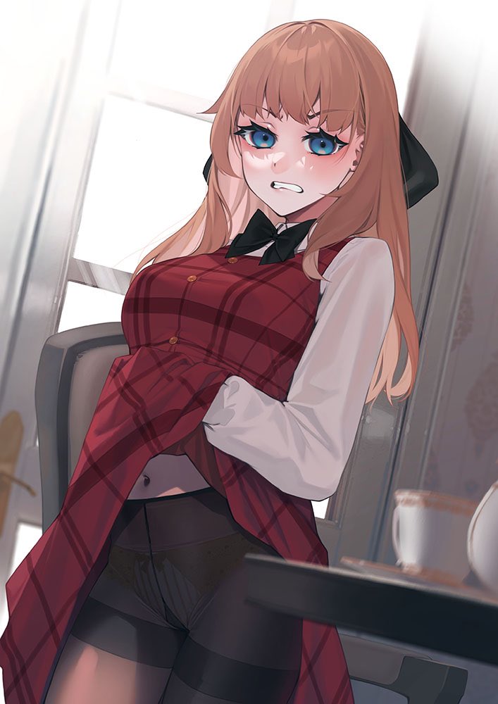 1girl black_bow black_bowtie black_pantyhose black_ribbon blue_eyes bow bowtie breasts character_request clenched_teeth clothes_lift commentary_request disgust dress dress_lift guest_art hair_ribbon iya_na_kao_sare_nagara_opantsu_misete_moraitai large_breasts lifting_own_clothes long_hair long_sleeves looking_at_viewer navel orange_hair orange_panties panties panties_under_pantyhose pantyhose pinafore_dress plaid_clothes plaid_dress red_dress rerrere ribbon second-party_source shirt sleeveless sleeveless_dress solo standing table tea_set teeth thighband_pantyhose underwear v-shaped_eyebrows white_shirt