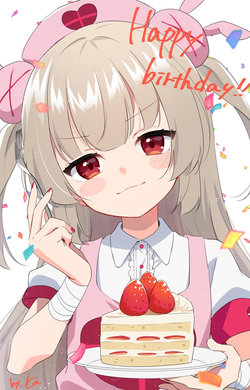 1girl apron bandaged_arm bandages blush cake closed_mouth confetti dress food fruit grey_hair hair_ornament happy_birthday hat highres ica long_hair looking_at_viewer nail_polish natori_sana natori_sana_(nurse) nurse_cap pink_apron pink_hat rabbit_hair_ornament red_eyes red_nails sana_channel short_sleeves simple_background smile solo strawberry two_side_up upper_body virtual_youtuber white_background white_dress
