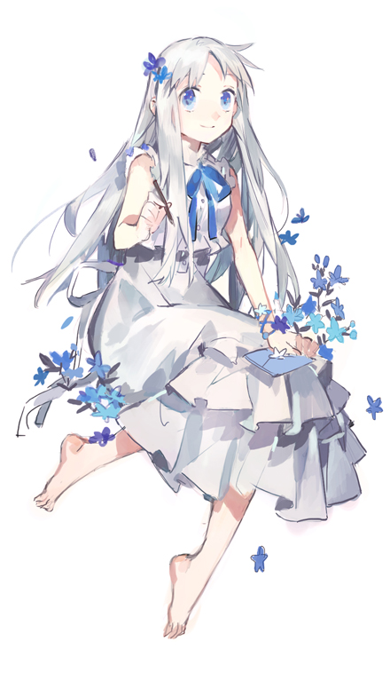 1girl ano_hi_mita_hana_no_namae_wo_bokutachi_wa_mada_shiranai. bare_arms bare_shoulders barefoot blue_eyes blue_flower blue_ribbon closed_mouth collared_dress dress envelope flower frilled_dress frills full_body hair_flower hair_ornament hand_on_lap holding holding_pencil honma_meiko long_dress long_hair looking_at_viewer neck_ribbon pencil ribbon simple_background sitting sleeveless sleeveless_dress smile solo starshadowmagician straight_hair toes very_long_hair white_background white_dress white_hair wrist_flower wrist_ribbon