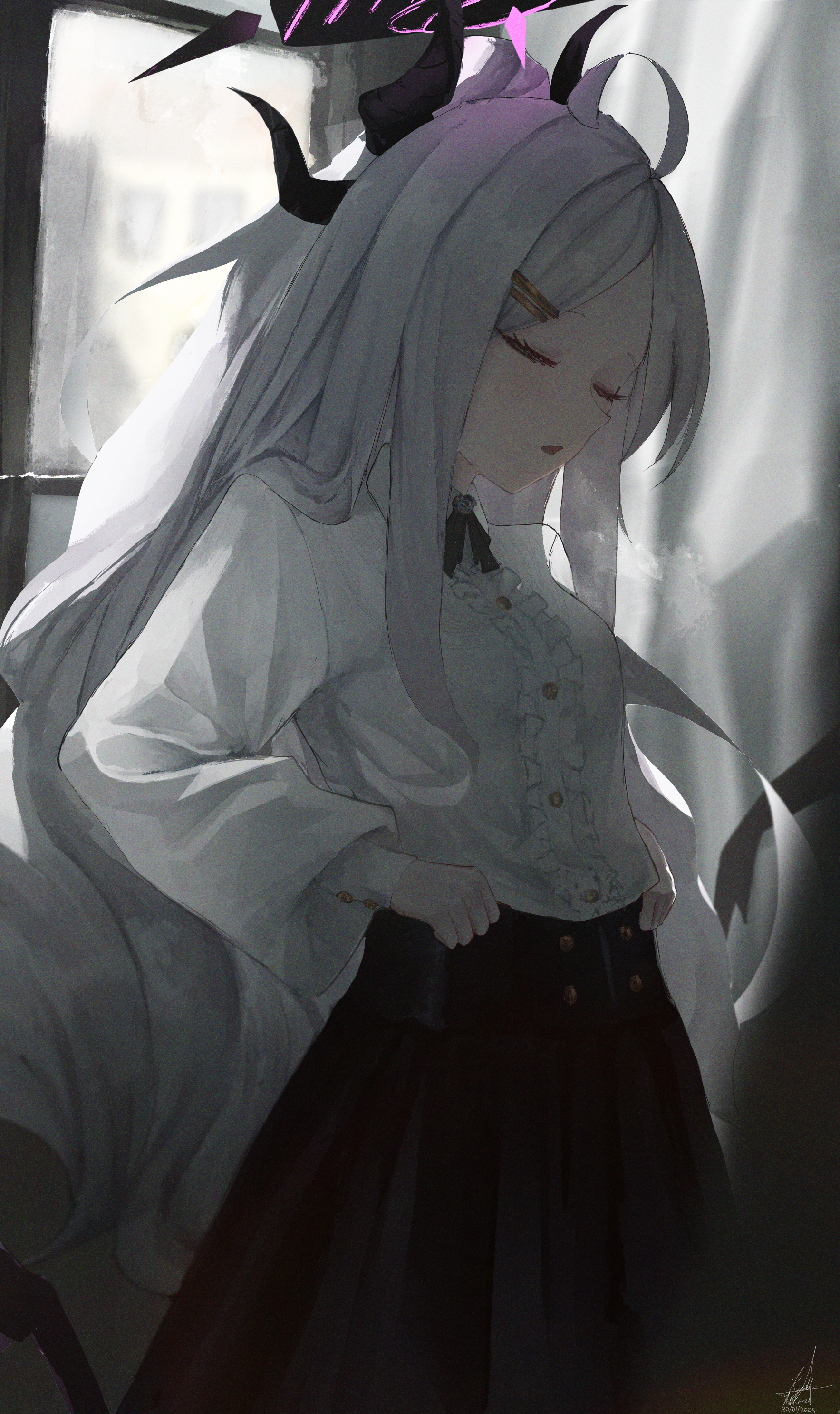 1girl absurdres ahoge alternate_costume black_ribbon black_skirt blue_archive blush closed_eyes demon_girl demon_horns forehead frilled_shirt frills from_side hair_ornament hairclip highres hina_(blue_archive) horns kyatto-mikazu long_hair open_mouth ribbon shirt sidelocks skirt white_hair white_shirt