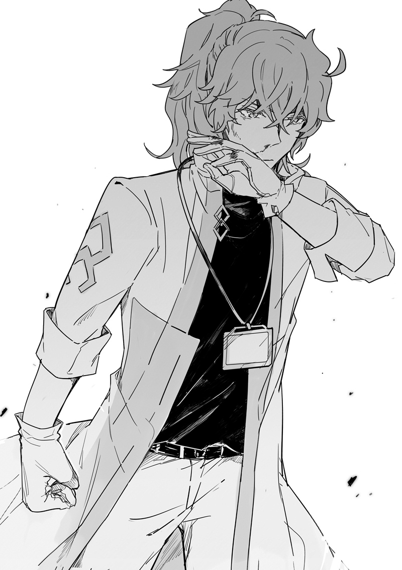 1boy blood blood_on_hands chaldea_logo chinese_commentary clenched_hand closed_mouth coat commentary_request cowboy_shot expressionless fate/grand_order fate_(series) hair_between_eyes id_card lanyard long_hair long_sleeves looking_ahead male_focus monochrome nosebleed open_clothes open_coat ponytail romani_archaman ruoyin shirt simple_background solo standing wiping_face
