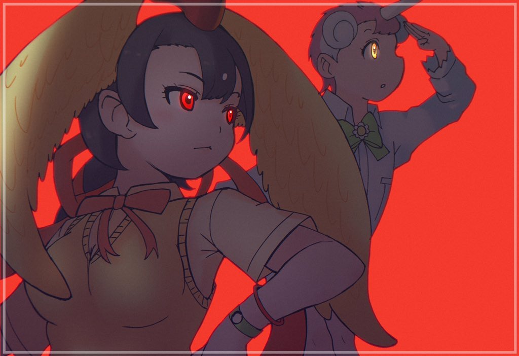 animal_ears cats_yone hi_no_tori hi_no_tori_(kemono_friends) kemono_friends kemono_friends_3 red_background red_eyes shirt simple_background skirt tail unico unico_(kemono_friends) yellow_eyes