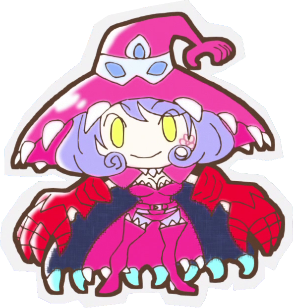 1girl appmon armor bandai bob_cut boots breasts cape chibi claw_(weapon) cleavage demon_girl digimon digimon_universe:_appli_monsters elbow_gloves full_body gloves hat leotard looking_at_viewer monster no_humans official_art pale_skin pink_leotard short_hair smile solo standing thigh_boots transparent_background vest warudamon weapon wide_hips witch_hat yellow_eyes