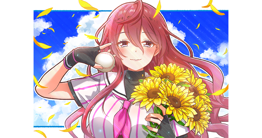 1girl ball baseball_(object) baseball_uniform black_gloves black_undershirt border cinderella_series closed_mouth falling_petals fingerless_gloves flower gloves hachigatsu_no_cinderella_nine hair_between_eyes hanako_(akatsuki) holding holding_ball holding_flower honjo_chikage long_hair looking_at_viewer neckerchief non-web_source official_art outdoors outside_border petals pink_neckerchief purple_eyes purple_hair sailor_collar satogahama_baseball_uniform shirt shirt_under_shirt short_sleeves smile solo sportswear striped_clothes striped_shirt sunflower vertical-striped_clothes vertical-striped_shirt very_long_hair wavy_hair white_border white_sailor_collar wristband yellow_petals