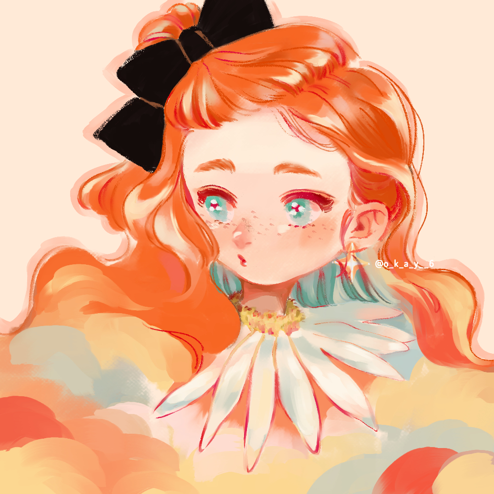 1girl black_bow bow earrings eyelashes freckles green_eyes hair_bow jewelry lips looking_afar looking_to_the_side makeup oka-easelandshiro orange_hair original portrait red_lips rouge_(makeup) simple_background solo square twitter_username variant_set