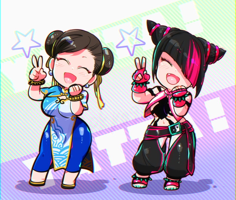 black_hair bracelet breasts brown_hair capcom chaps chun-li cleavage closed_eyes double_bun fang hair_bun hair_horns hair_over_one_eye hair_ribbon han_juri jewelry marimo_(yousei_ranbu) multicolored_hair ribbon smile spiked_anklet spiked_bracelet spikes streaked_hair street_fighter street_fighter_6 v victory_pose