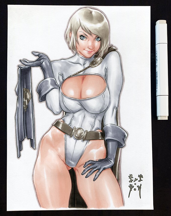1girl black_gloves blonde_hair blue_eyes breasts cape cleavage_cutout clothing_cutout cre.o.n dc_comics gloves large_breasts leotard power_girl short_hair solo traditional_media white_leotard