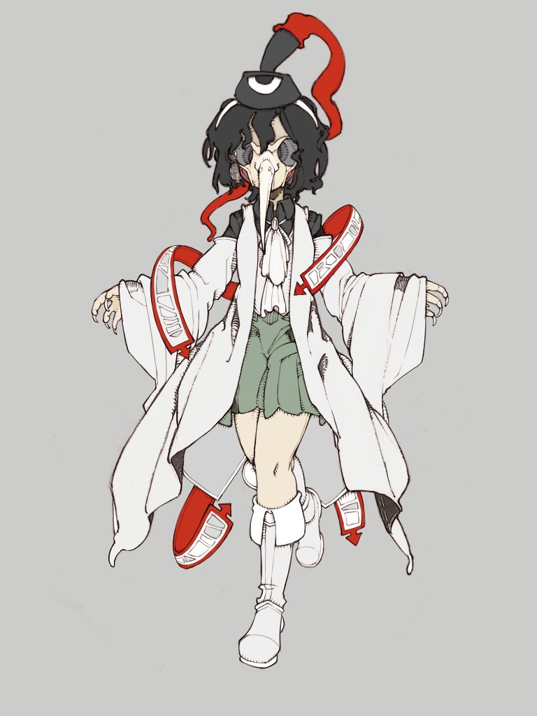 1other androgynous ascot beak black_hair black_hat black_shirt bolos boots closed_mouth coat collared_shirt commentary detached_sleeves dot_nose eye_of_senri eye_socket full_body green_hakama grey_background grey_boots hairband hakama hakama_short_skirt hakama_skirt hat hat_ribbon japanese_clothes knee_boots knees layered_sleeves len&#039;en long_sleeves looking_at_viewer messy_hair monsterification ofuda ofuda_on_clothes open_clothes open_coat other_focus red_ribbon ribbon senri_tsurubami shirt short_hair simple_background skirt sleeveless sleeveless_coat sleeves_past_wrists smile solo standing tachi-e tate_eboshi white_ascot white_brooch white_hairband white_sleeves wide_sleeves wrinkled_skin