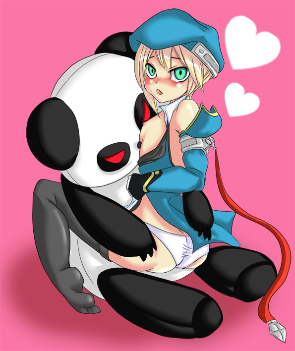1girl arc_system_works bare_shoulders beret blazblue blonde_hair blush breasts cheerio detached_sleeves feet female_focus flat_chest full_body gloves green_eyes hat looking_back noel_vermillion panda panties pantyshot red_ribbon ribbon short_hair sitting solo thighhighs underwear white_panties