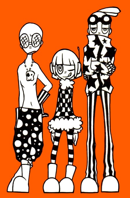1girl 2boys :q bis_(jsr) donsoku_komagome_pipette garam_(jsr) gloves goggles headphones jet_set_radio mew_(jsr) multiple_boys one_eye_closed pantyhose sega short_hair slate_(jsr) striped_clothes striped_pantyhose tongue tongue_out wink y2k_fashion