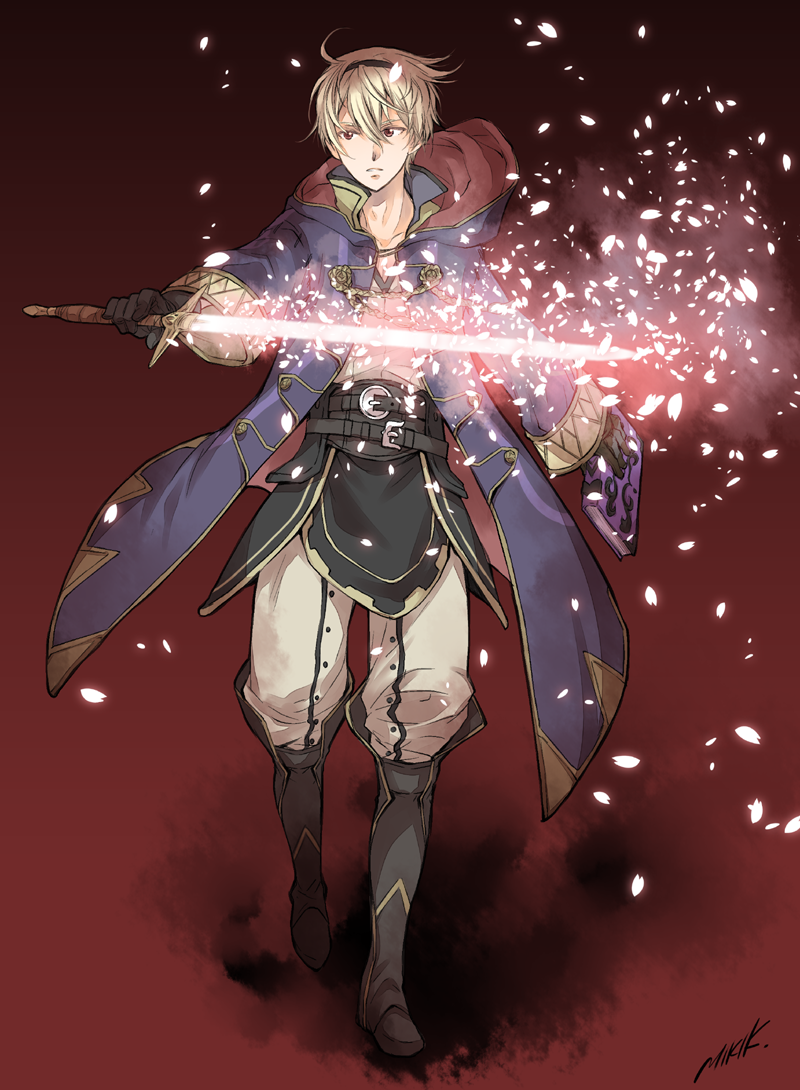 1boy artist_name blonde_hair book boots cosplay fire_emblem fire_emblem_fates gloves hood hoodie kizuki_miki leo_(fire_emblem) male_focus male_robin_(fire_emblem) male_robin_(fire_emblem)_(cosplay) nintendo petals red_eyes solo sword weapon