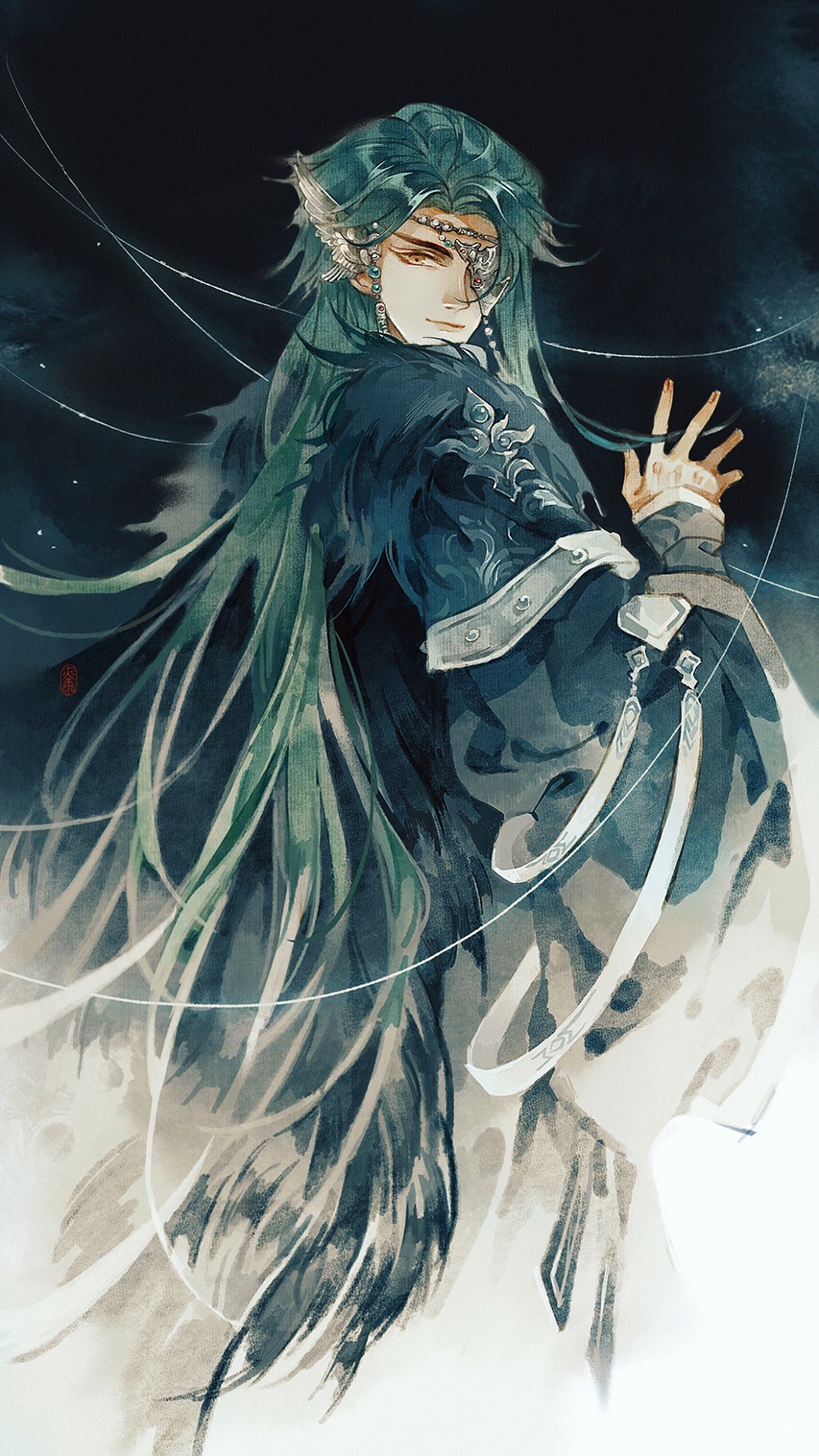 1boy black_background black_cape black_fur black_sleeves cape closed_mouth cropped_torso curtained_hair eyepatch from_side fur-trimmed_cape fur_trim gem green_gemstone green_hair hand_up headpiece highres jewelry jinguang_budaixi laoelaoee light_particles long_hair long_sleeves looking_at_viewer looking_to_the_side lushi_moluo male_focus one_eye_covered parted_bangs red_gemstone seal_script sleeves_past_wrists solo very_long_hair white_background yellow_eyes