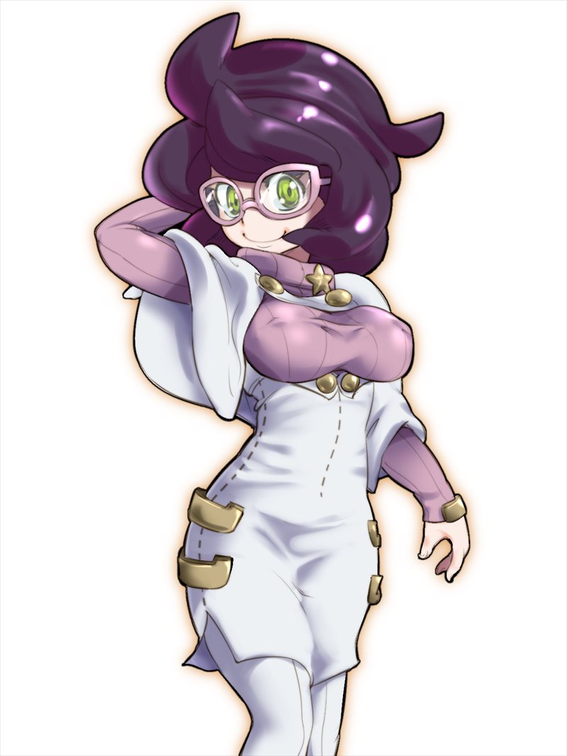 1girl bad_id bad_pixiv_id cowboy_shot dress female_focus glasses green_eyes hand_on_own_head nintendo pantyhose pink-framed_eyewear pokemon pokemon_sm purple_hair simple_background smile solo sweater turtleneck turtleneck_sweater white_background wicke_(pokemon) zaitsu