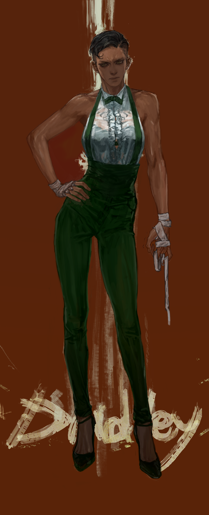 1girl bandages bare_shoulders black_hair bow bowtie breasts contrapposto dark-skinned_female dark_skin dress_shirt dudley female_focus full_body genderswap genderswap_(mtf) hand_on_own_hip hand_wraps high_heels highres medium_breasts muscular overalls pants physician27 shirt short_hair sleeveless sleeveless_shirt solo standing street_fighter very_dark_skin
