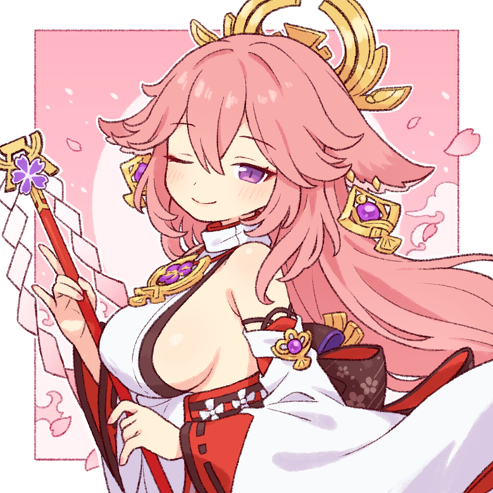 1girl ;) animal_ears bare_shoulders blush breasts commentary_request detached_sleeves earrings fingernails fox_ears from_side gem genshin_impact gohei hair_between_eyes holding holding_gohei jewelry large_breasts long_hair looking_at_viewer nontraditional_miko one_eye_closed onyhakase pink_hair purple_eyes purple_gemstone shirt sideboob sleeveless sleeveless_shirt smile solo very_long_hair white_shirt white_sleeves yae_miko