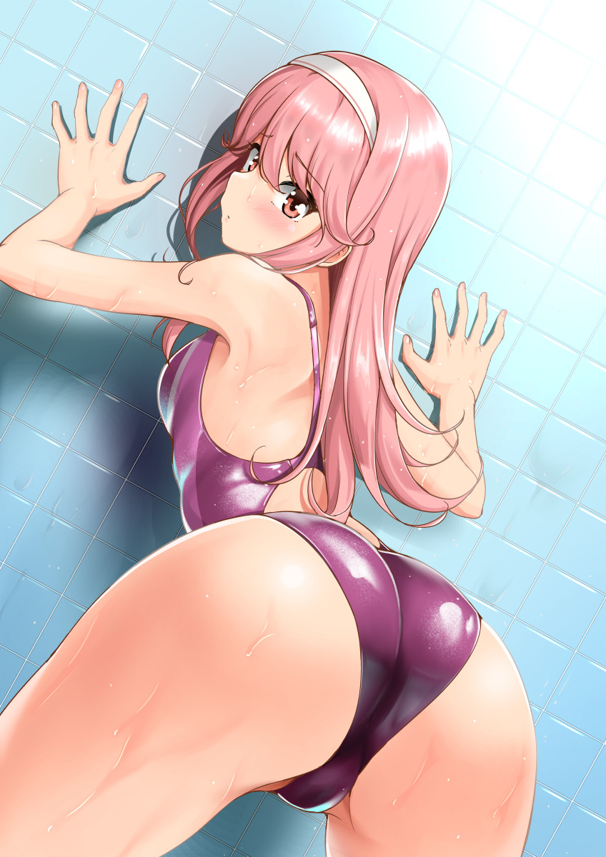 1girl against_wall ass bare_shoulders blush breasts cameltoe dream_c_club dream_c_club_(series) dream_c_club_gogo. female_focus from_behind hair_between_eyes hairband highres hisakabe_oto huge_ass leaning leaning_forward long_hair looking_at_viewer looking_back noko_(dream_c_club_gogo.) one-piece_swimsuit pink_eyes pink_hair purple_one-piece_swimsuit shiny_clothes shiny_skin sideboob solo swimsuit wet wet_clothes wet_hair