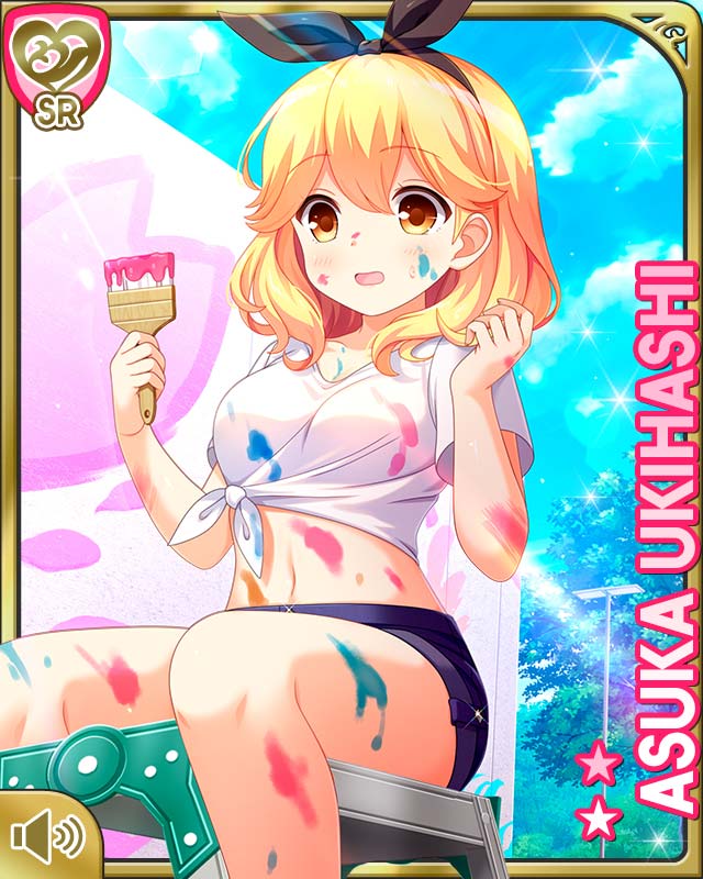 1girl :o blonde_hair blue_shorts bow breasts brown_eyes card_(medium) day girlfriend_(kari) hair_bow medium_breasts midriff navel official_art open_mouth outdoors paint paintbrush qp:flapper shirt short_hair shorts solo tagme tied_shirt ukihashi_asuka white_shirt