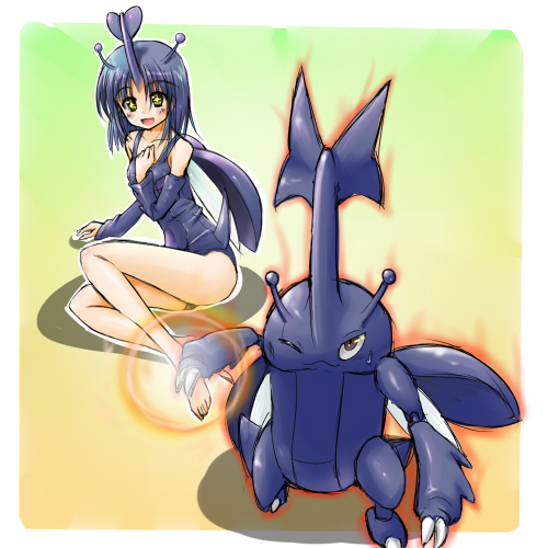+_+ :d antennae arm_support barefoot blush creature_and_personification detached_sleeves gen_2_pokemon gradient_background heracross horns lowres nintendo one_eye_closed open_mouth personification pokemon pokemon_(creature) school_swimsuit single_horn smile swimsuit tenjou_ryuka yellow_eyes