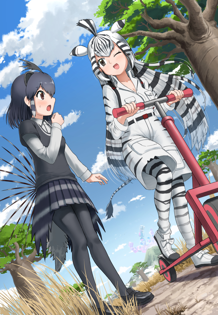 2girls ahoge animal_ears animal_print arm_at_side belt black_hair black_pantyhose breast_pocket breasts brown_eyes cargo_shorts chapman&#039;s_zebra_(kemono_friends) cleavage collarbone collared_shirt commentary_request crested_porcupine_(kemono_friends) day dutch_angle extra_ears full_body furrowed_brow grass grey_eyes grey_hair hair_between_eyes hand_up high-waist_shorts kemono_friends kemono_friends_pavilion knees_together_feet_apart layered_sleeves light_blush long_hair long_sleeves looking_at_another medium_breasts medium_hair multicolored_hair multiple_girls necktie one_eye_closed open_mouth outdoors pantyhose pleated_skirt pocket porcupine_ears porcupine_girl print_pantyhose print_shorts print_sleeves sandstar_low savannah shirt shirt_tucked_in shoes short-sleeved_sweater short_over_long_sleeves short_sleeves shorts skirt smile spikes standing striped_hair sweater tail two-tone_hair v-neck very_long_hair volcano white_hair white_shirt wing_collar worried yumeumi_sousaku zebra_ears zebra_girl zebra_print zebra_tail