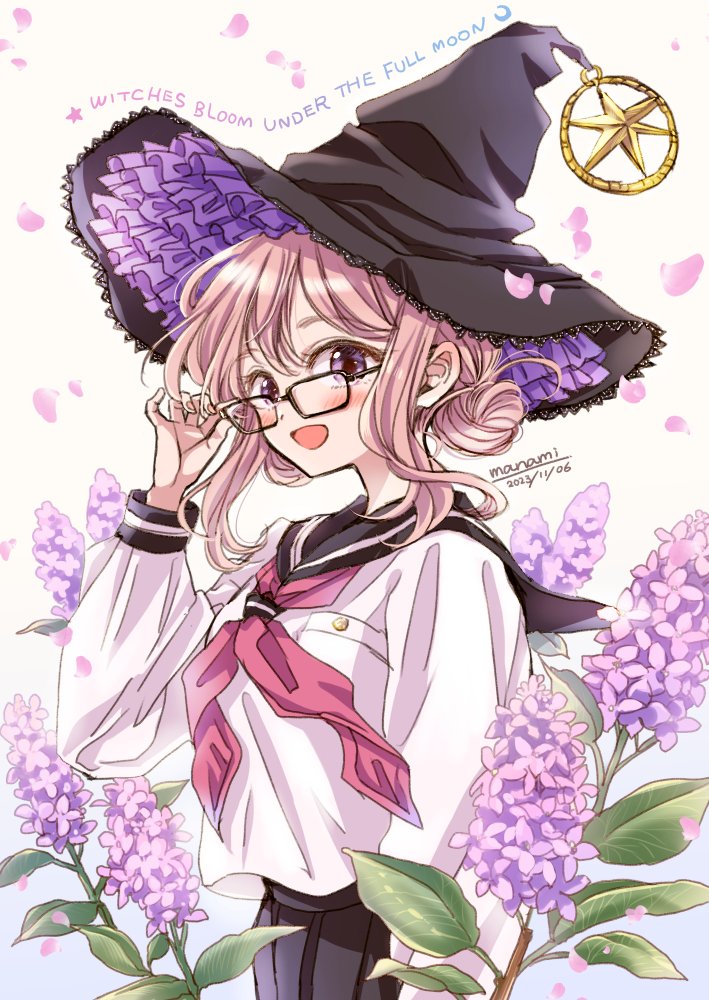 1girl :d adjusting_eyewear artist_name bespectacled black-framed_eyewear black_hat black_sailor_collar black_skirt blush commentary_request copyright_name dated english_text falling_petals flower frilled_hat frills glasses hair_bun hand_on_eyewear hand_up happy hat light_brown_hair long_sleeves looking_at_viewer majo_wa_mangetsu_ni_saku minato_shima neckerchief open_mouth petals pink_flower pink_neckerchief pleated_skirt purple_eyes sailor_collar school_uniform serafuku shirt sidelocks signature simple_background single_hair_bun skirt smile solo star_(symbol) sugano_manami white_background white_shirt witch_hat