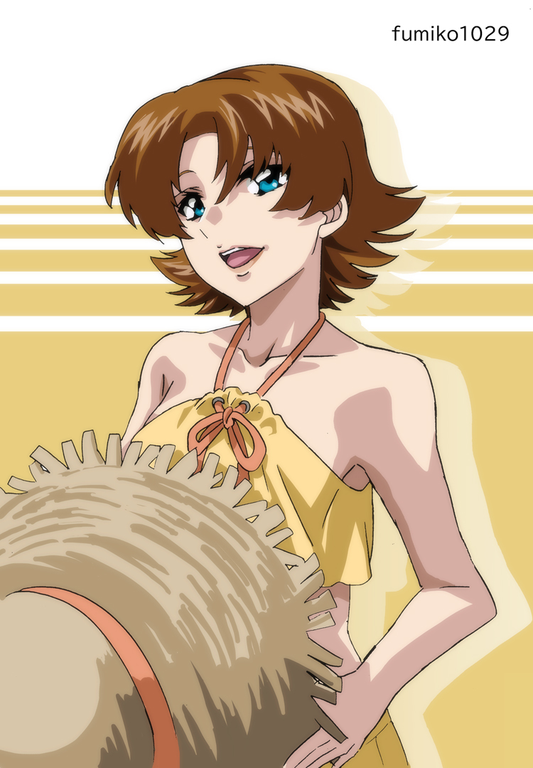 1girl bikini blue_eyes brown_hair fumiko_(mesushi) gundam gundam_seed gundam_seed_freedom hat holding holding_unworn_clothes holding_unworn_hat miriallia_haw open_mouth short_hair smile solo straw_hat swimsuit unworn_hat unworn_headwear yellow_bikini