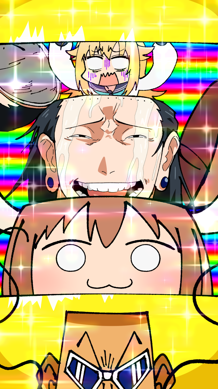 2boys 2girls :3 afro black_hair blank_eyes blonde_hair blue_sailor_collar bobobo-bo_bo-bobo bobobo-bo_bo-bobo_(character) brown_hair closed_mouth commentary dark-skinned_male dark_skin getou_suguru getou_suguru_(kenjaku) highres joyoekaki jujutsu_kaisen koshi_torako looking_at_viewer matryoshka_doll multiple_boys multiple_girls open_mouth sailor_collar school_uniform shikanoko_noko shikanoko_nokonoko_koshitantan shirt smile straight-on trait_connection white_shirt