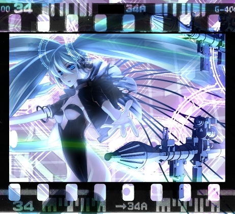 1girl black_jacket black_leotard blue_eyes blue_hair film_reel hair_between_eyes hatsune_miku headphones jacket leotard long_hair lowres magic_circle outstretched_arms parted_lips rocket_launcher rpg rpg-7 rpg_(weapon) sakamoto_akira short_sleeves solo twintails very_long_hair vocaloid weapon