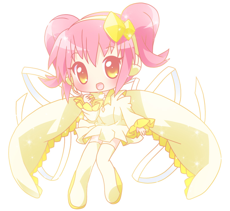 1girl amulet_dia chibi female_focus hairband headset hinamori_amu magical_girl mirai_(sugar) pink_hair short_twintails shugo_chara! solo sparkle thighhighs twintails yellow_eyes