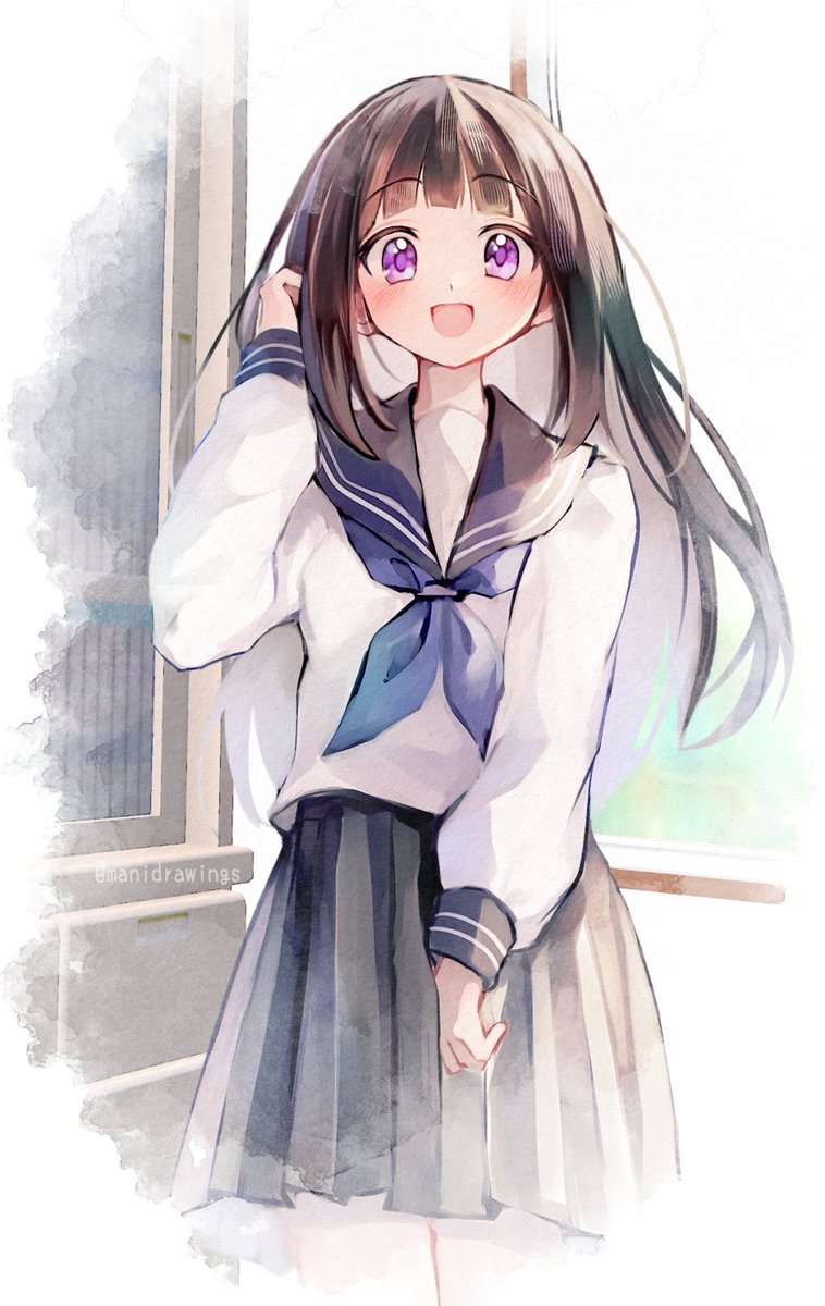 1girl black_hair black_skirt blue_neckerchief blue_sailor_collar blush chitanda_eru commentary_request cowboy_shot hand_in_own_hair highres hyouka kamiyama_high_school_uniform_(hyouka) long_hair long_sleeves looking_at_viewer mani_(manidrawings) neckerchief open_mouth pleated_skirt purple_eyes sailor_collar school_uniform serafuku shirt skirt smile solo standing straight_hair twitter_username white_shirt winter_uniform