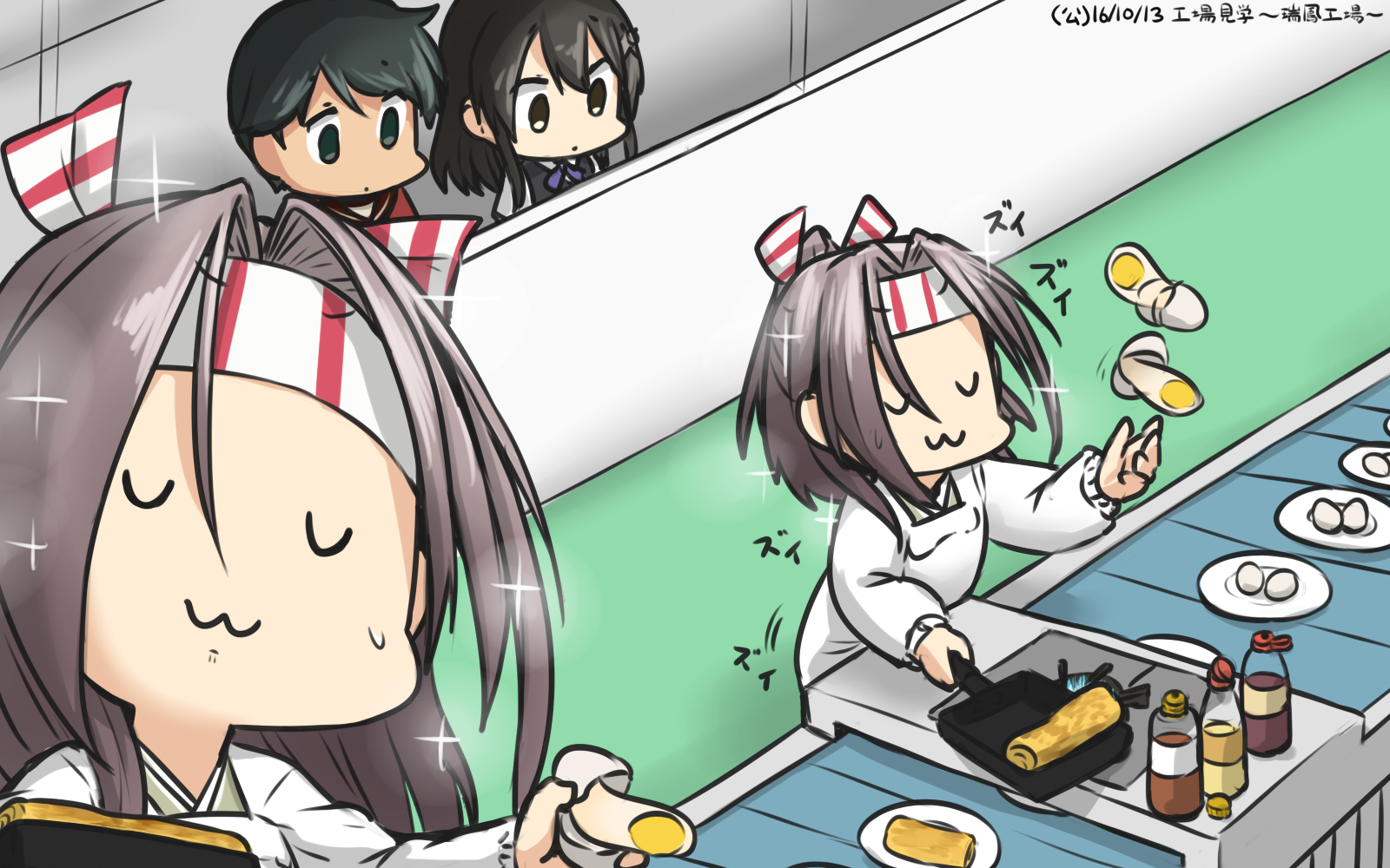 3girls :3 apron closed_eyes commentary_request conveyor_belt dated egg empty_eyes food frying_pan hachimaki hamu_koutarou headband highres kantai_collection kappougi long_hair makiyakinabe mogami_(kancolle) multiple_girls omelet oyashio_(kancolle) ribbon school_uniform serafuku short_hair sparkle sweat tamagoyaki u_u v_v vest zui_zui_dance zuihou_(kancolle)