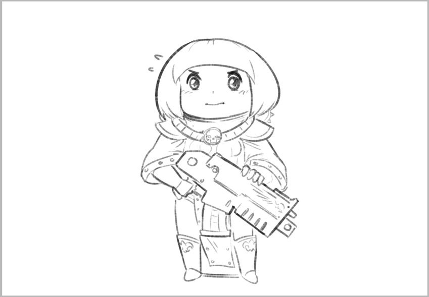 .75_calibre_bolt 1girl adepta_sororitas ammunition anti-materiel_cartridge bob_cut bolt_(warhammer_40k) bolter boots chibi closed_mouth dot_nose flying_sweatdrops gloves greyscale gun high-explosive_cartridge holding holding_gun holding_weapon long_sleeves looking_at_viewer lutherniel medium_hair monochrome pelvic_curtain rocket-assisted_projectile simple_background solo standing warhammer_40k weapon white_background window_magazine