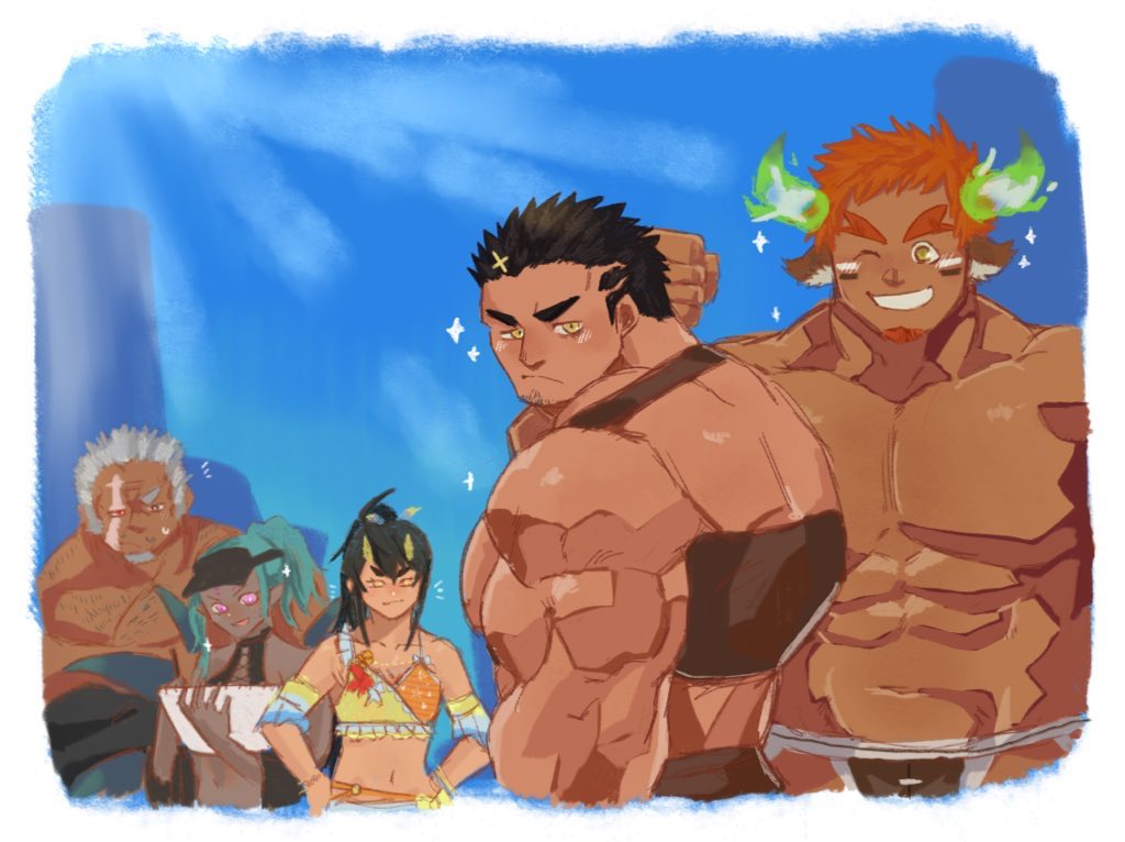 2girls 3boys abs amatsumara_(housamo) animal_ears bahamut_(bahamunoaka9) bara brown_hair brown_male_swimwear character_request chest_harness cow_boy cow_ears cow_horns eye_black facial_hair fiery_horns forked_eyebrows glowing_horns goatee harness horns inset_border large_pectorals male_focus male_swimwear mature_male multiple_boys multiple_girls muscular muscular_arms muscular_male official_alternate_costume old old_man one_eye_closed pectorals perspective short_hair sidepec sparkle sparkling_aura spiked_hair thick_eyebrows tokyo_houkago_summoners topless_male upper_body wakan_tanka wakan_tanka_(fashionista_swimsuit) yellow_eyes zabaniyya_(fashionista_swimsuit)_(housamo) zabaniyya_(housamo)