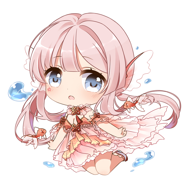 1girl bare_legs blue_eyes blunt_bangs breasts chibi chinese_commentary cleavage commentary_request crimson_creek_(miracle_nikki) detached_sleeves dot_nose dress eyelashes facial_tattoo fish floating_clothes floating_hair flower_knot flower_tattoo flying_fish frilled_dress frilled_footwear frilled_sleeves frills frown goldfish jumping kexi_shi_ge_hentai light_blush long_hair long_sleeves low_twintails medium_dress miracle_nikki neck_ribbon neck_tassel nikki_(series) open_mouth pink_dress pink_hair pink_sleeves red_ribbon ribbon shoes simple_background sleeve_ribbon sleeveless sleeveless_dress solo tareme tattoo twintails very_long_hair water_drop white_background white_shoes wide_sleeves
