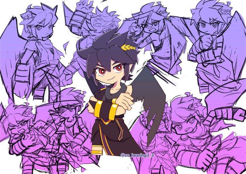 ahoge androgynous belt black_hair black_wings closed_mouth collarbone crossed_arms dark_pit multiple_expressions fingerless_gloves gloves gold_thighlet gold_trim jewelry kid_icarus kid_icarus_uprising ko_iwari_ngo nintendo no_nose purple_trim red_eyes redrawn ringed_eyes sidelocks single_bare_shoulder smile smirk solo_focus spiked_hair thighlet toon_(style) twitter_username v-shaped_eyebrows wings